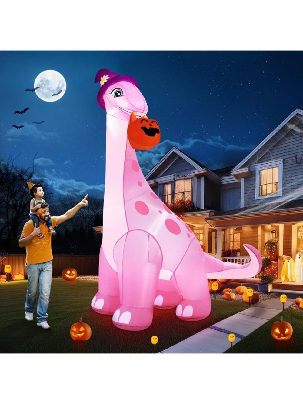 Giant 13FT Pink Dinosaur Halloween Inflatable Yard Decor with LED Light